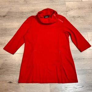 Creation Womens Red Cowl Neck Tunic Top 3/4 Sleeve Zipper Detail Pockets Large L